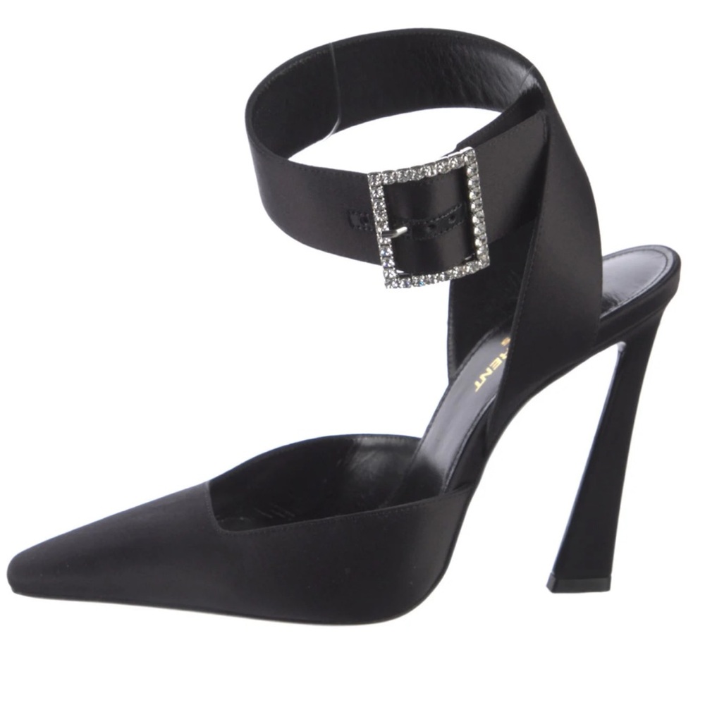 Saint Laurent Black Satin Heels with Crystal Buckle Retails $1200